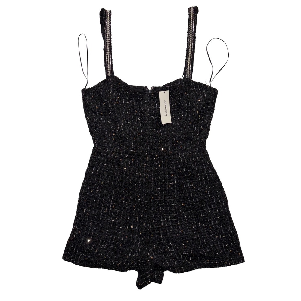Francescas Stembellis Black Tweed Sequin Romper Pearl Embellished Straps Small